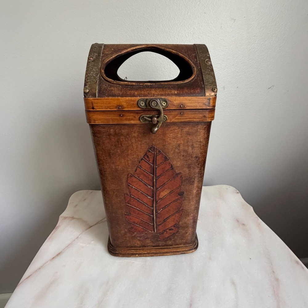 Vintage Wood Leaf Embossed Storage Bin Slanted Top Latch Wastebasket Rustic